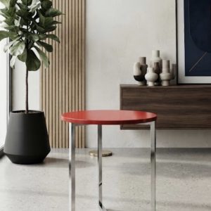 MESA AUXILIAR SOBRE MADERA ROJO CROMADO