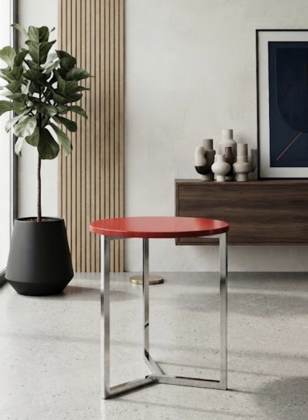 MESA AUXILIAR SOBRE MADERA ROJO CROMADO