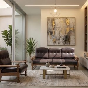 CONJUNTO DE SALON SOFÁ Y SILLÓN MADERA Y PIEL