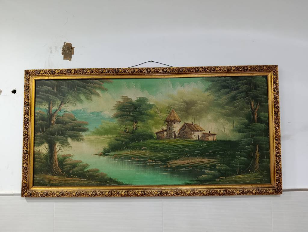 CUADRO AL OLEO VINTAGE PAISAJE CON MOLINO - Imagen 2