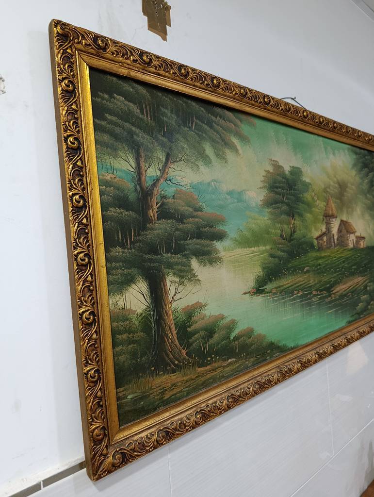 CUADRO AL OLEO VINTAGE PAISAJE CON MOLINO - Imagen 3