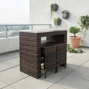 CONJUNTO BAR EN RATTAN Y 4 TABURETES