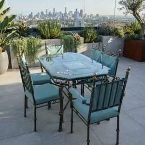 MESA DE CRISTAL Y 6 SILLAS FORJA/ EXTERIOR
