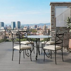 CONJUNTO DE MESA CRISTAL Y 4 SILLAS FORJA