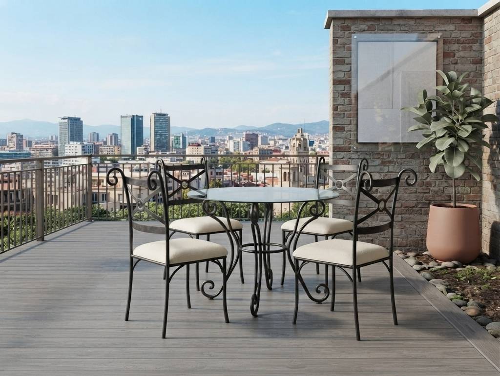 CONJUNTO DE MESA CRISTAL Y 4 SILLAS FORJA