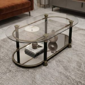 MESA DE CENTRO CRISTAL Y DETALLES DORADOS